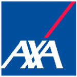 AXA-Logo mit den weißen Buchstaben AXA in einer fetten, modernen Schrift auf blauem, quadratischem Hintergrund, mit einer roten, diagonalen Linie, die sich von der oberen rechten Ecke des Buchstabens X bis zur oberen rechten Ecke erstreckt.