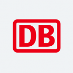 Ein rotes DB-Logo innerhalb eines roten rechteckigen Rahmens auf einem hellgrauen Hintergrund.