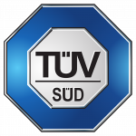 TÜV SÜD-Logo mit blauem, achteckigem Rahmen und kleinerem, silbernem Achteck im Inneren sowie dem Text TÜV SÜD in fetten schwarzen Buchstaben in der Mitte.