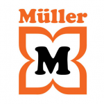 Das Bild zeigt das Müller-Logo mit dem Wort Müller in orangefarbener Schrift über einer stilisierten orange-weißen Blüte mit einem fetten schwarzen M in der Mitte.