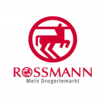Das Rossmann-Logo zeigt einen roten Zentauren in einem Kreis über dem Wort ROSSMANN in roten Großbuchstaben, darunter Mein Drogeriemarkt in Grau. Das Zentaurensymbol wird auch als Buchstabe O in ROSSMANN verwendet.